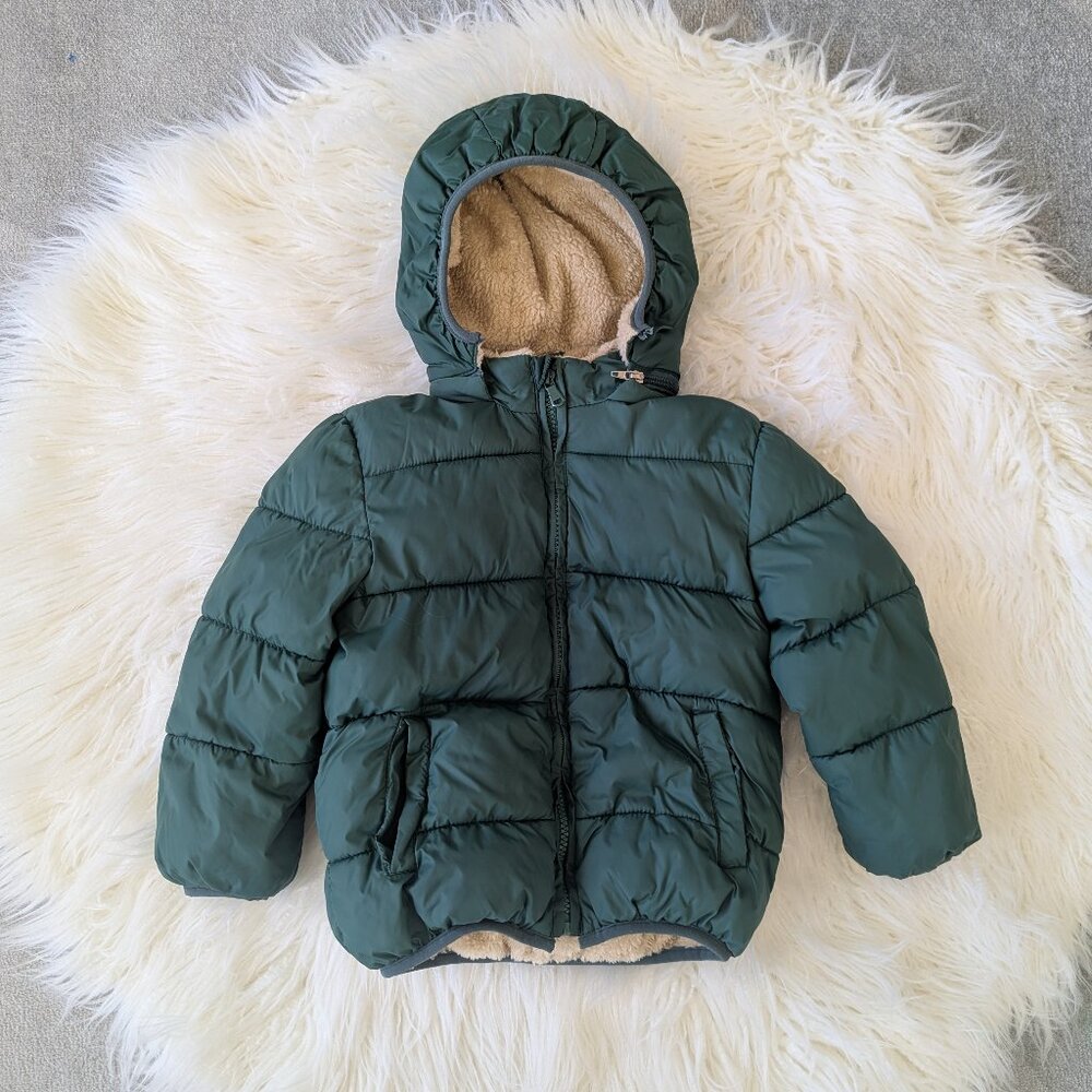 Dark forest green kids puffer jacket with removable zipper hood